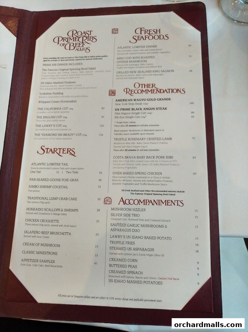Menu page for Lawrys The Prime Rib Singapore
