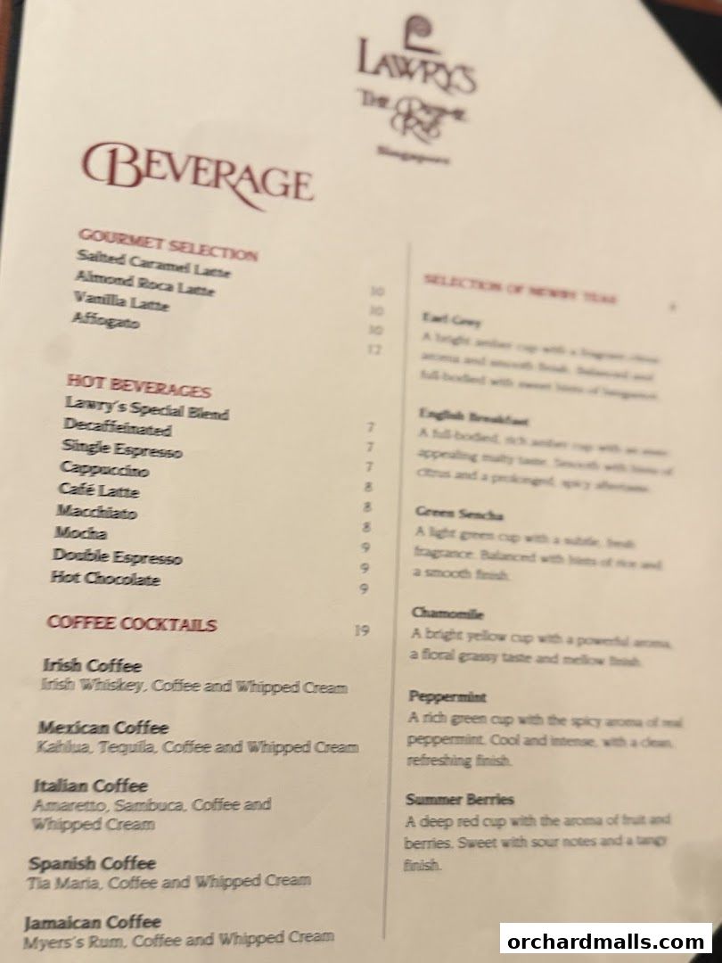 Menu page for Lawrys The Prime Rib Singapore