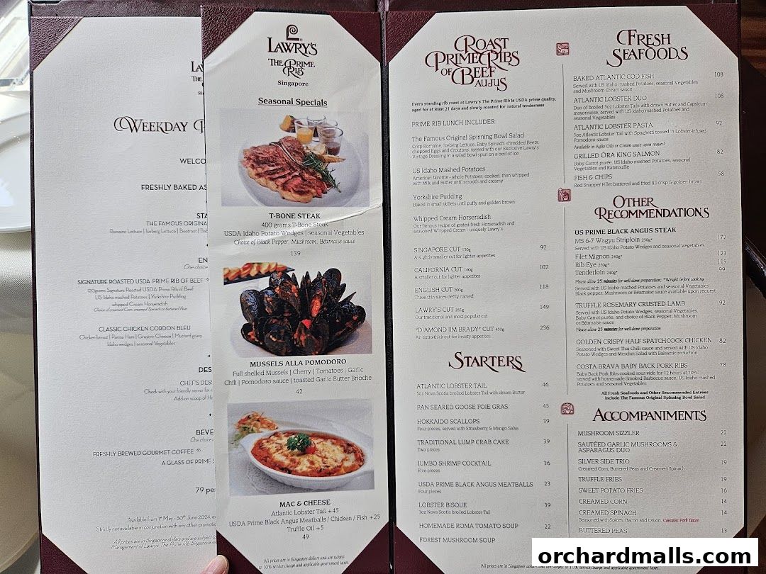 Menu page for Lawrys The Prime Rib Singapore