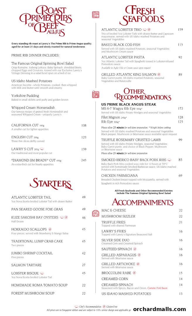 Menu page for Lawrys The Prime Rib Singapore