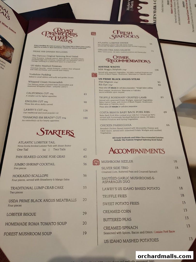 Menu page for Lawrys The Prime Rib Singapore