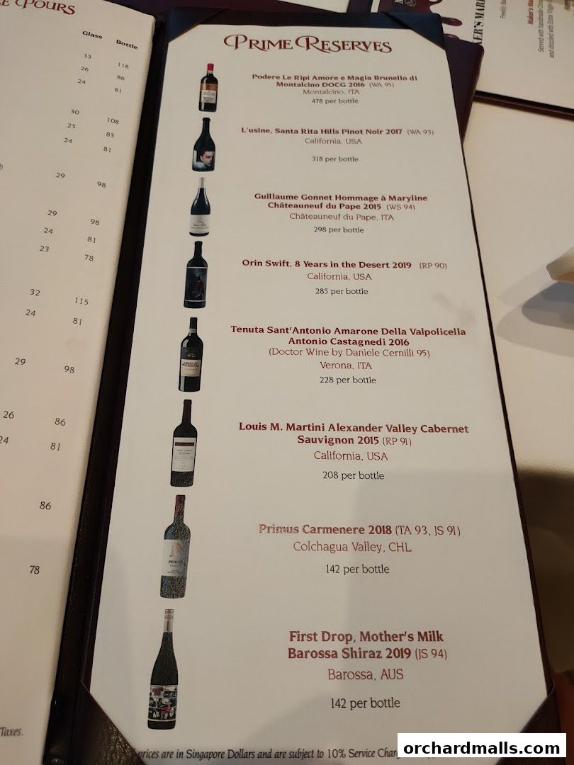 Menu page for Lawrys The Prime Rib Singapore