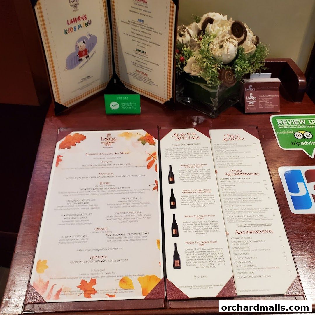 Menu page for Lawrys The Prime Rib Singapore