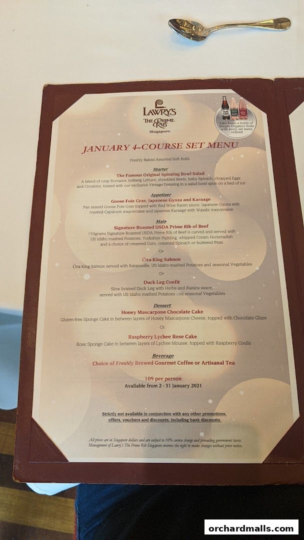 Menu page for Lawrys The Prime Rib Singapore