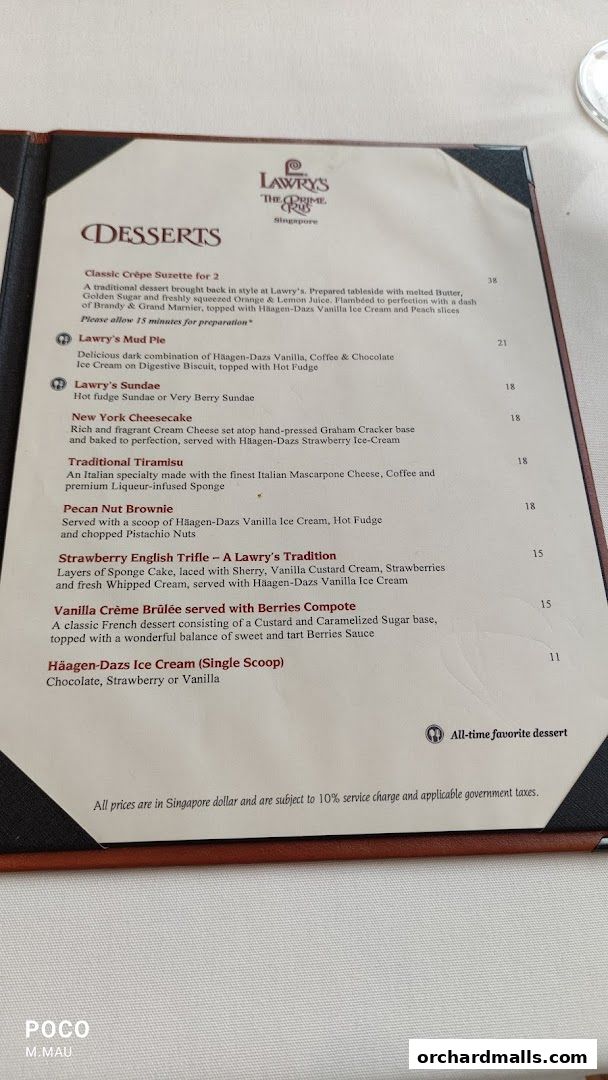 Menu page for Lawrys The Prime Rib Singapore