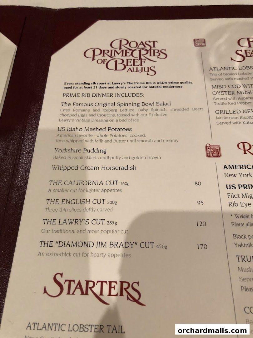 Menu page for Lawrys The Prime Rib Singapore