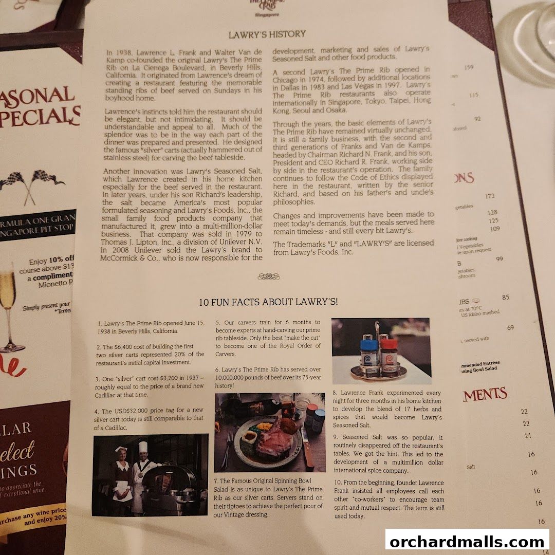 Menu page for Lawrys The Prime Rib Singapore