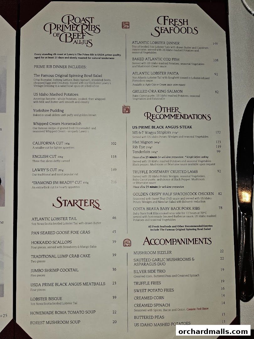 Menu page for Lawrys The Prime Rib Singapore
