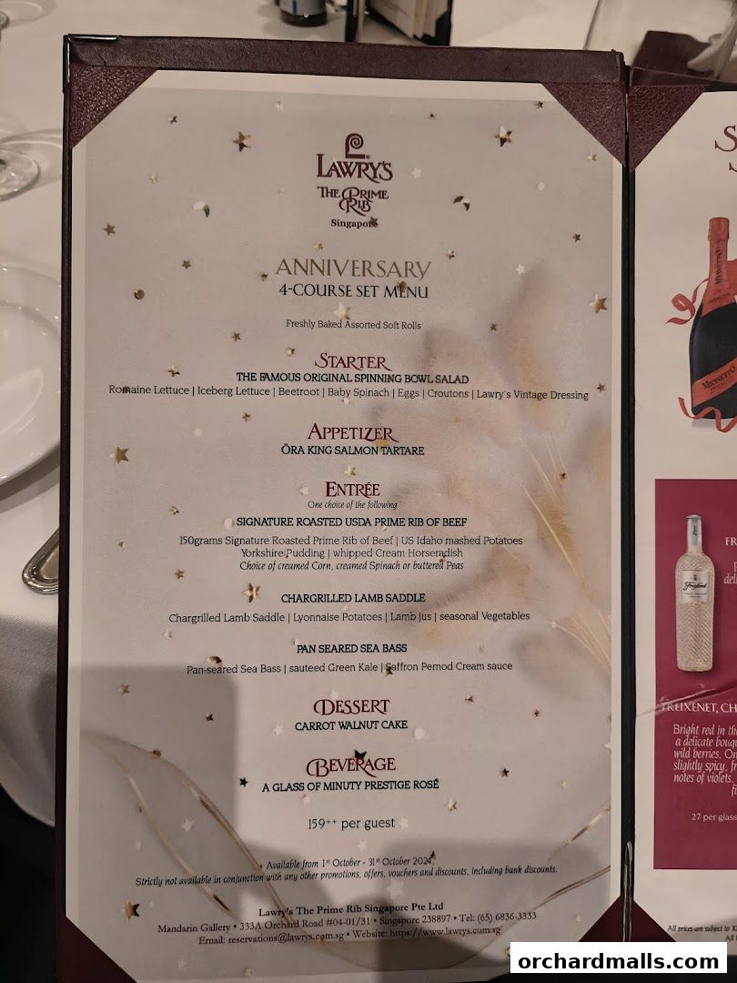 Menu page for Lawrys The Prime Rib Singapore