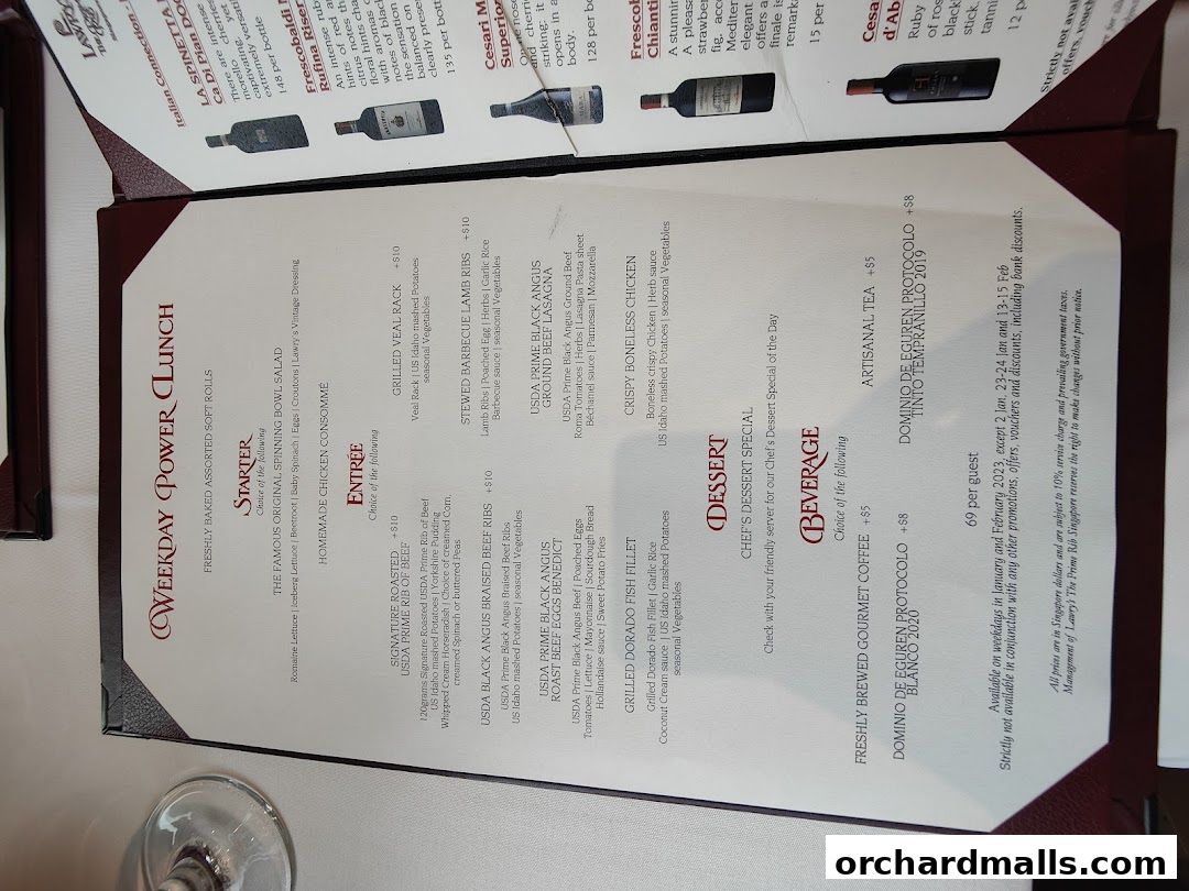 Menu page for Lawrys The Prime Rib Singapore