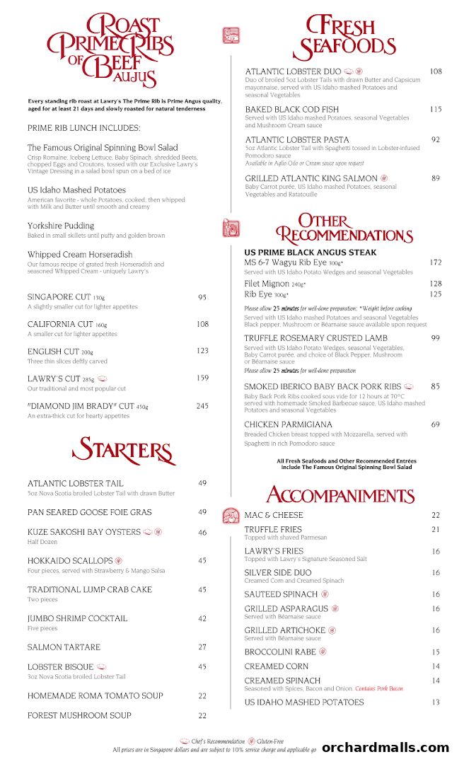 Menu page for Lawrys The Prime Rib Singapore