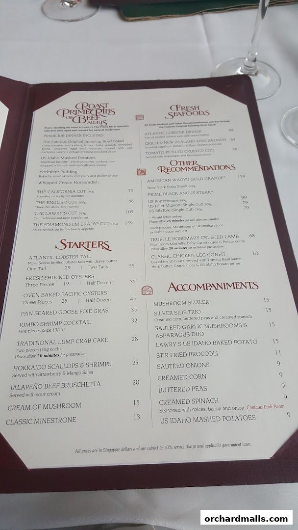 Menu page for Lawrys The Prime Rib Singapore
