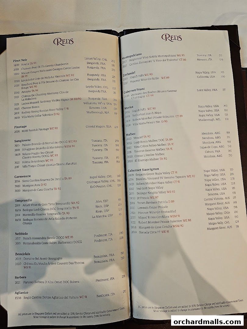 Menu page for Lawrys The Prime Rib Singapore