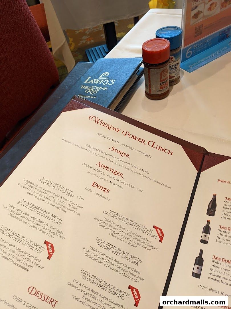 Menu page for Lawrys The Prime Rib Singapore