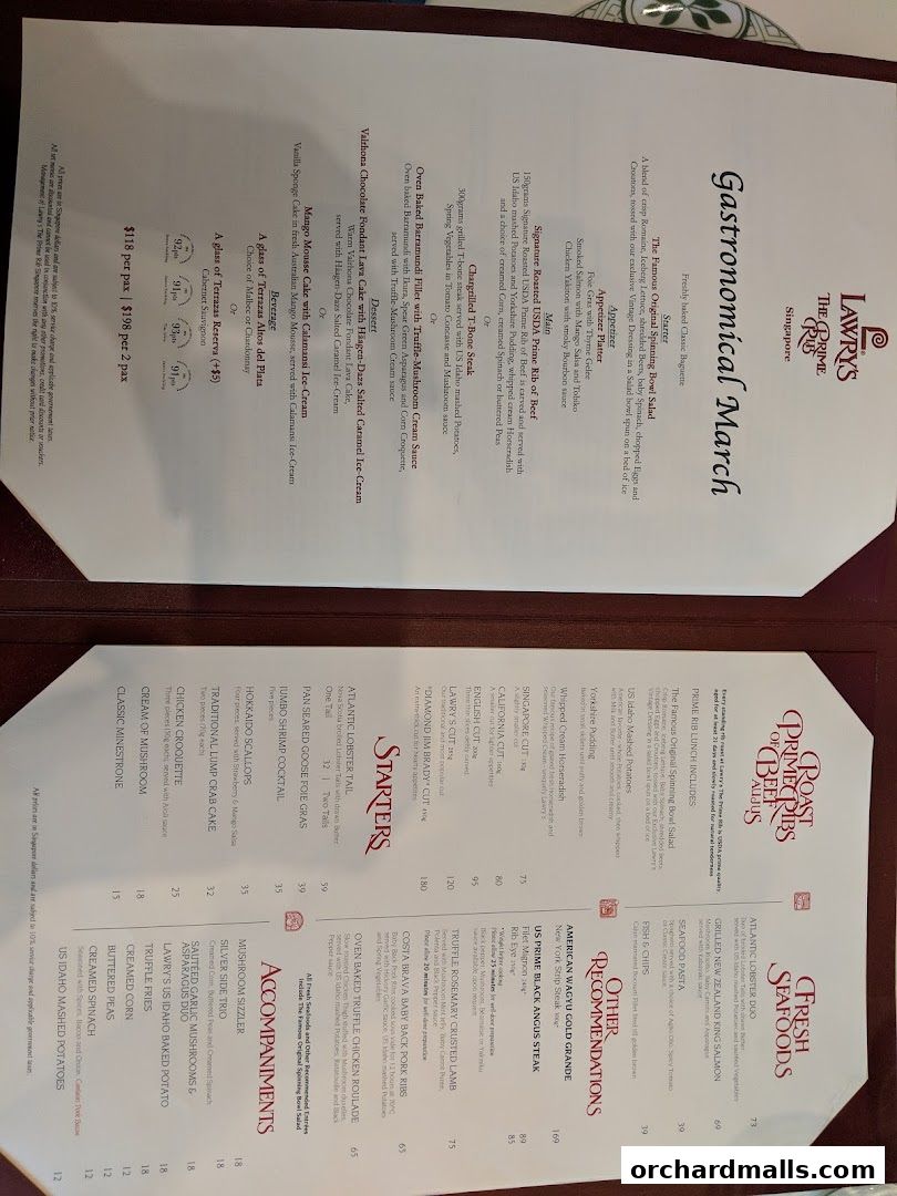 Menu page for Lawrys The Prime Rib Singapore