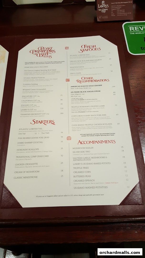 Menu page for Lawrys The Prime Rib Singapore
