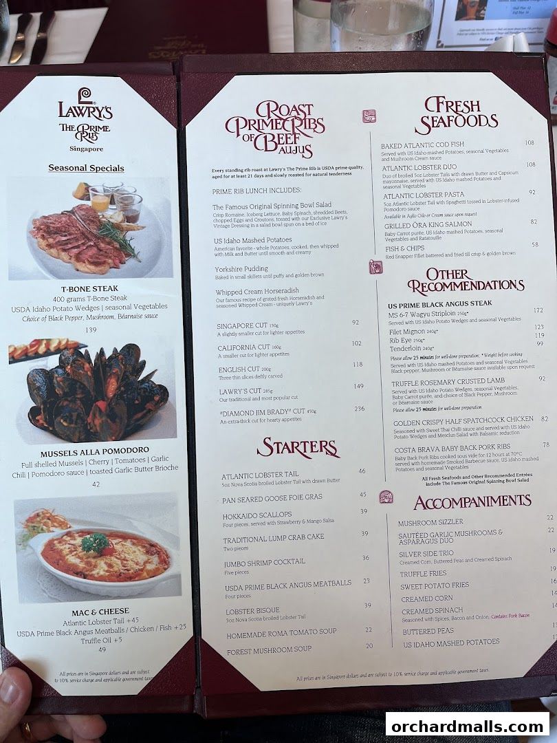Menu page for Lawrys The Prime Rib Singapore