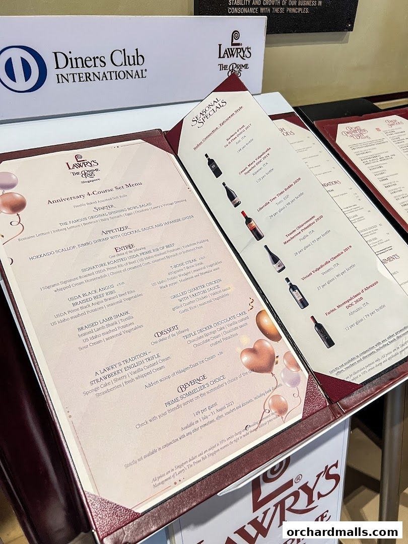 Menu page for Lawrys The Prime Rib Singapore