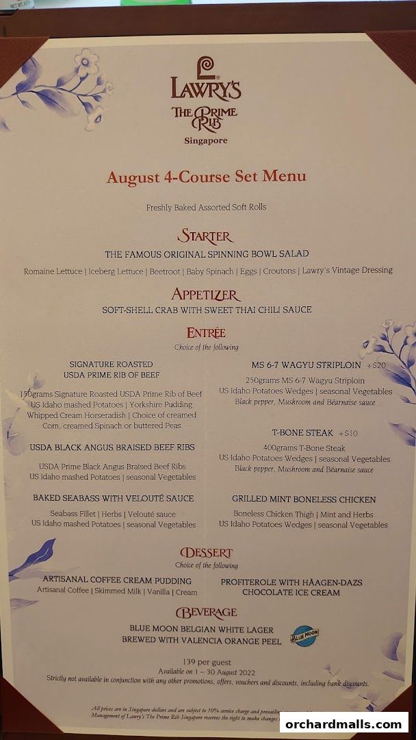 Menu page for Lawrys The Prime Rib Singapore