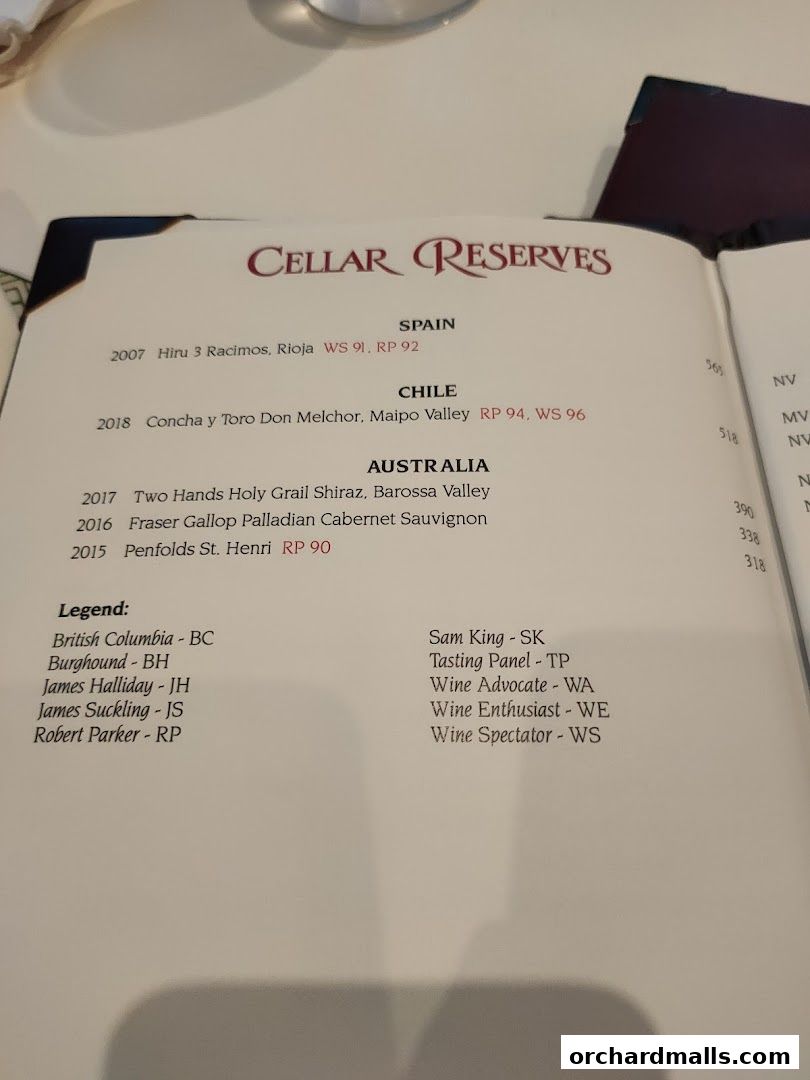 Menu page for Lawrys The Prime Rib Singapore