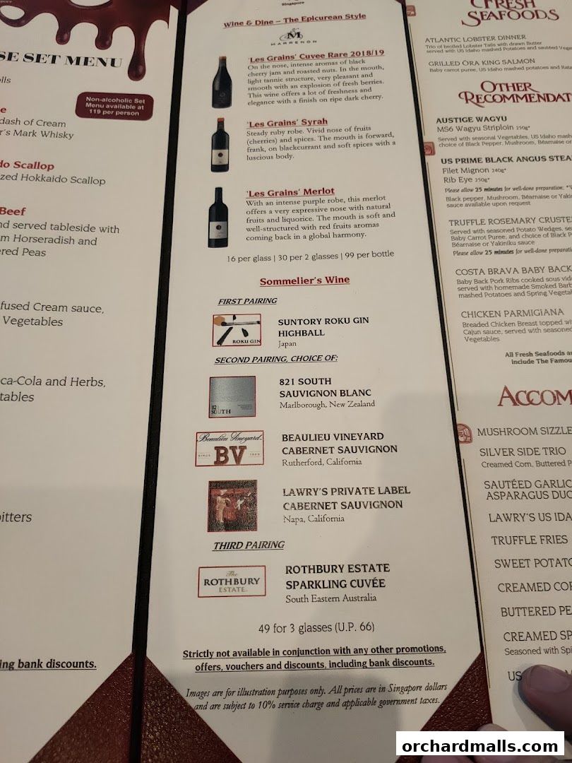 Menu page for Lawrys The Prime Rib Singapore