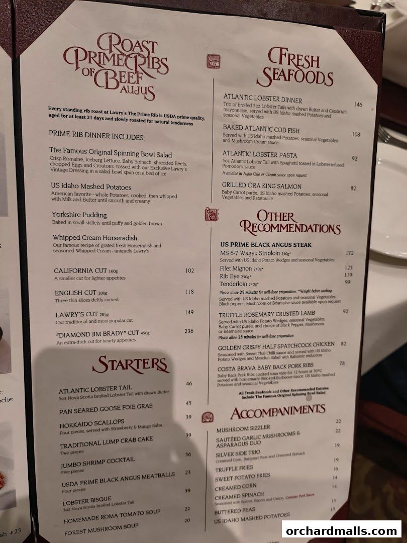 Menu page for Lawrys The Prime Rib Singapore