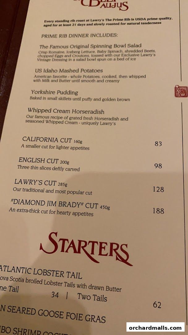 Menu page for Lawrys The Prime Rib Singapore