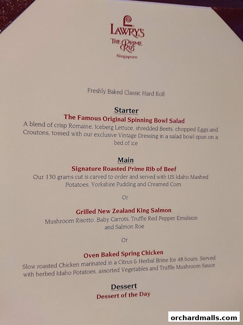 Menu page for Lawrys The Prime Rib Singapore