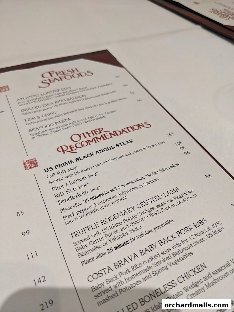 Menu page for Lawrys The Prime Rib Singapore