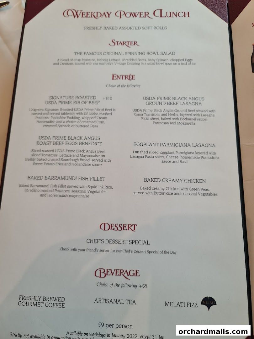 Menu page for Lawrys The Prime Rib Singapore