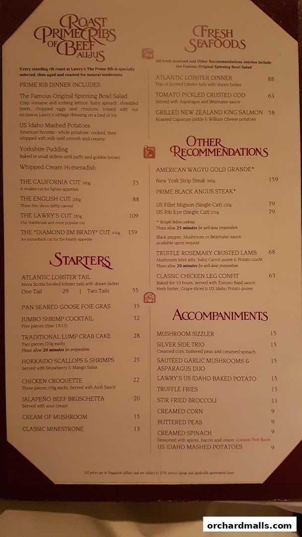 Menu page for Lawrys The Prime Rib Singapore