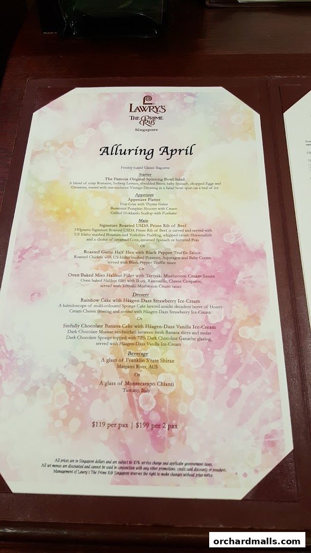 Menu page for Lawrys The Prime Rib Singapore