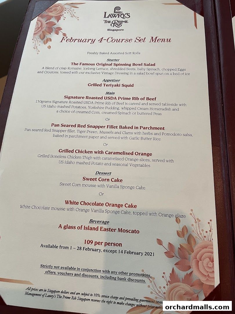 Menu page for Lawrys The Prime Rib Singapore