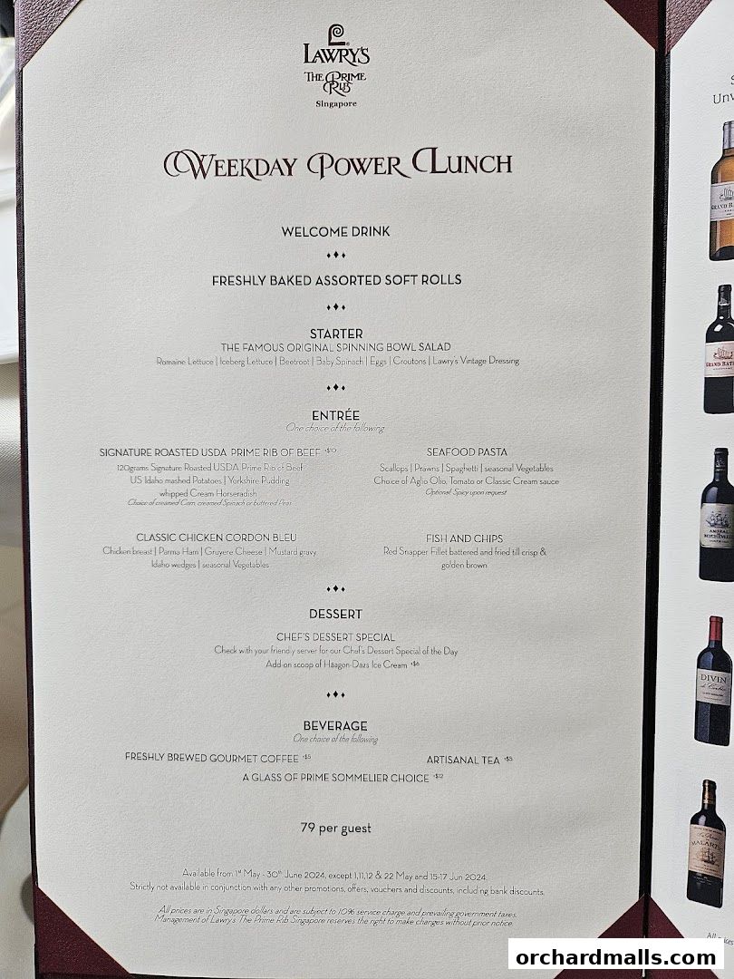 Menu page for Lawrys The Prime Rib Singapore