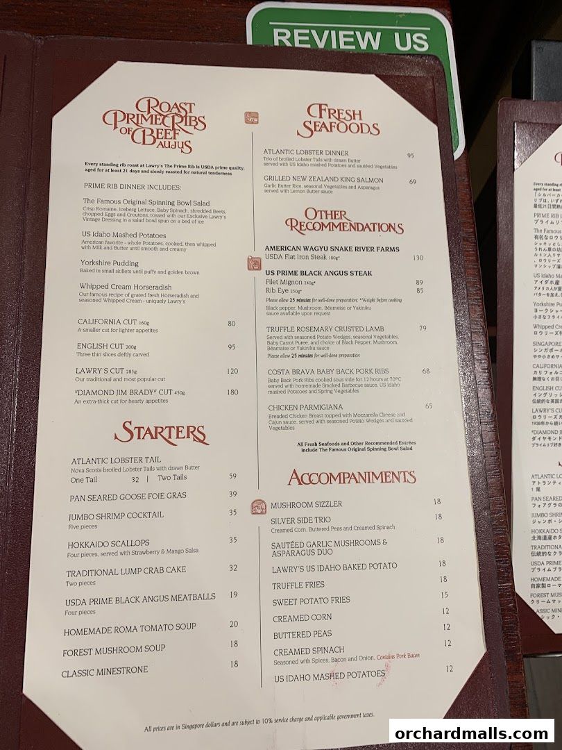 Menu page for Lawrys The Prime Rib Singapore