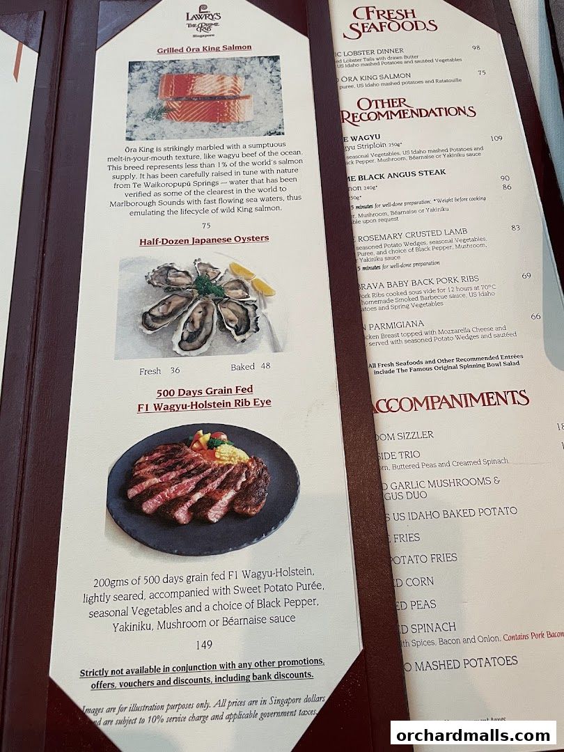 Menu page for Lawrys The Prime Rib Singapore