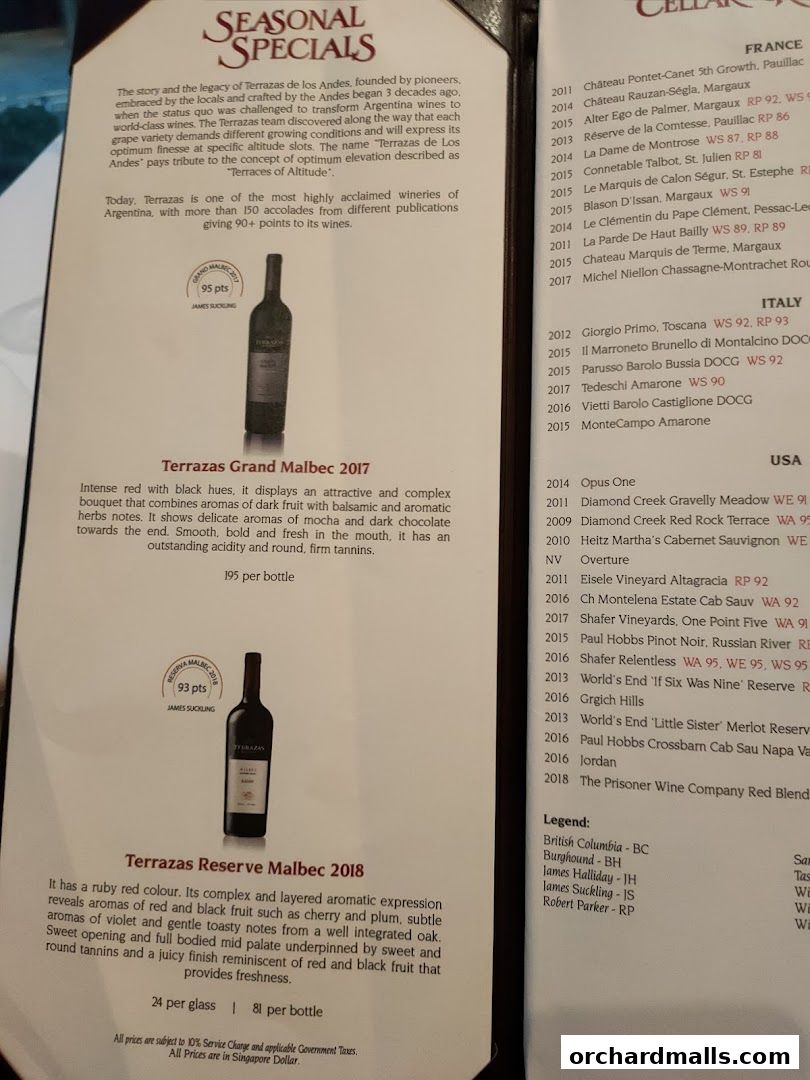 Menu page for Lawrys The Prime Rib Singapore