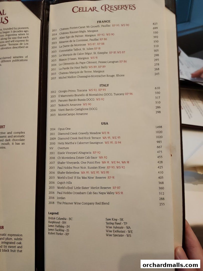 Menu page for Lawrys The Prime Rib Singapore