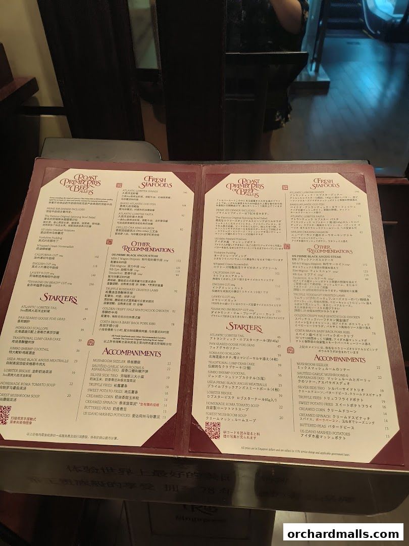 Menu page for Lawrys The Prime Rib Singapore
