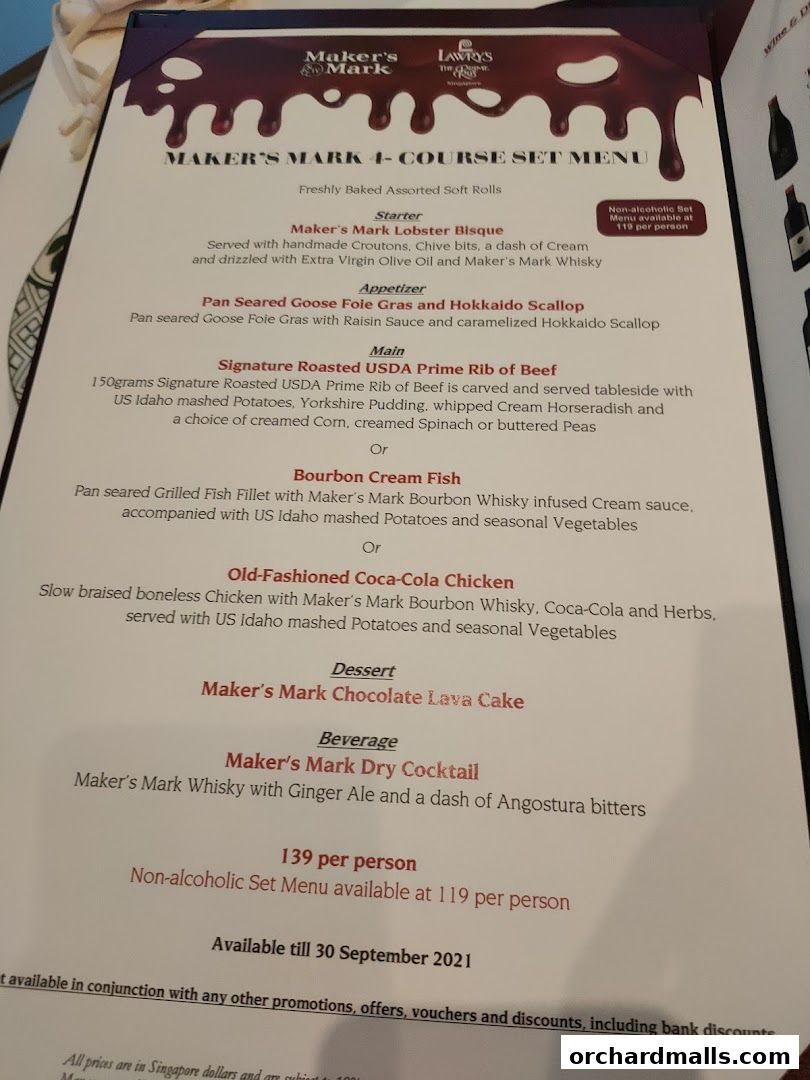 Menu page for Lawrys The Prime Rib Singapore