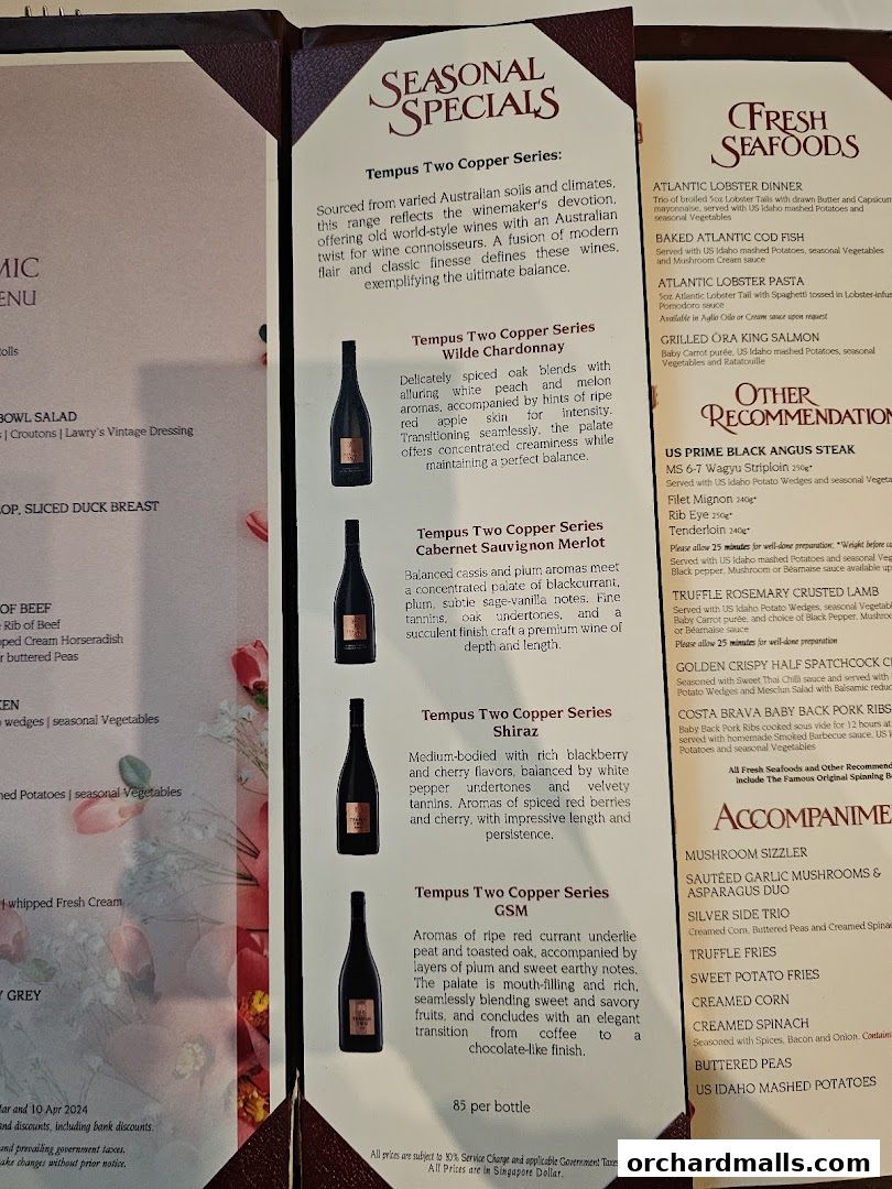 Menu page for Lawrys The Prime Rib Singapore