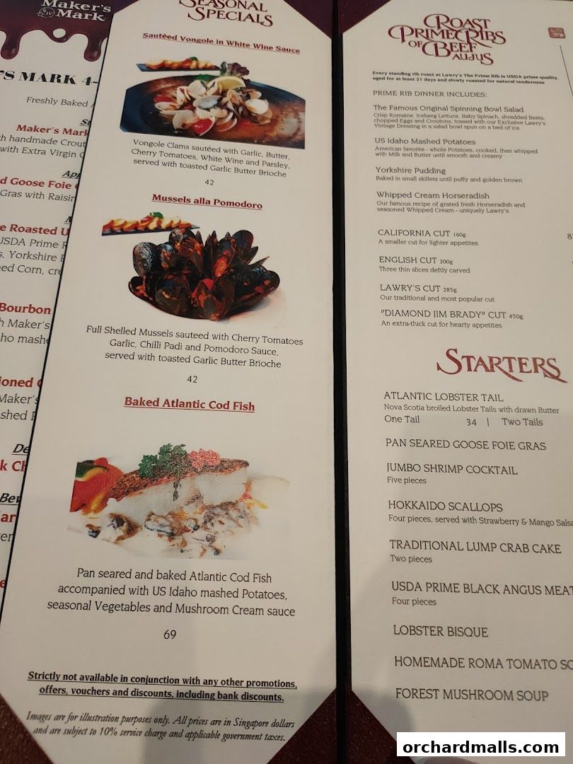 Menu page for Lawrys The Prime Rib Singapore