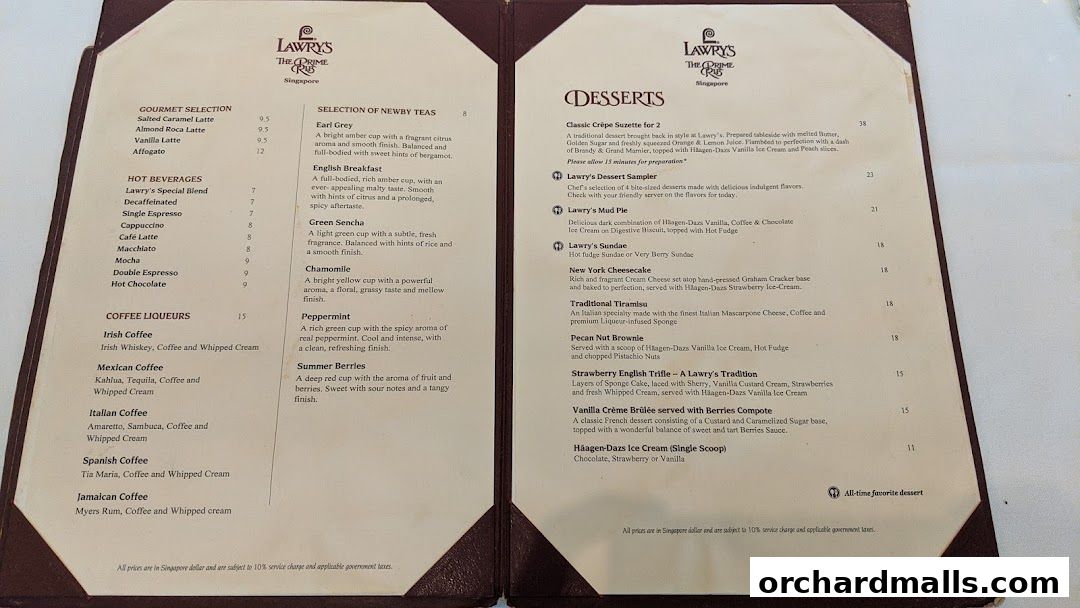 Menu page for Lawrys The Prime Rib Singapore