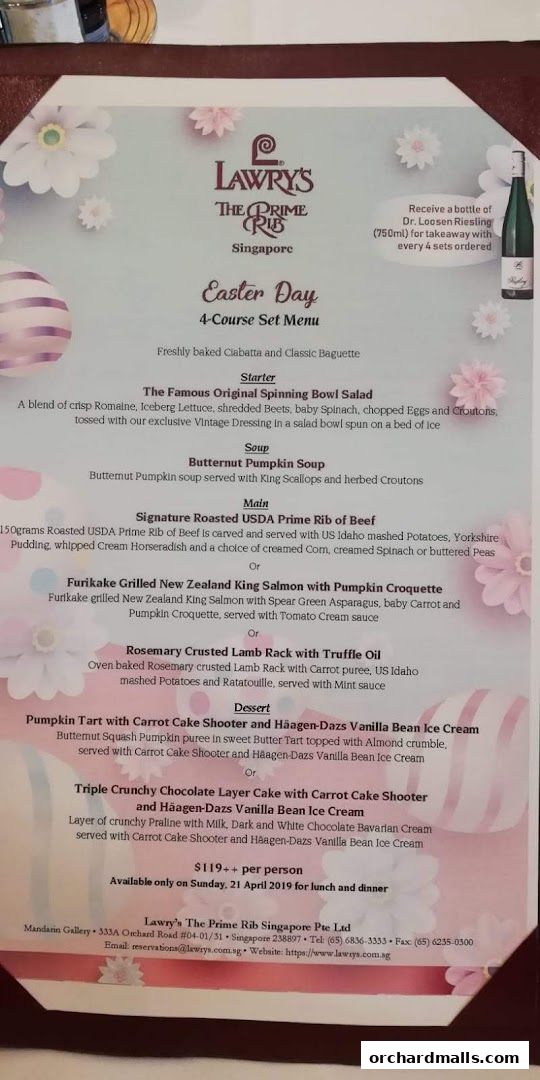 Menu page for Lawrys The Prime Rib Singapore
