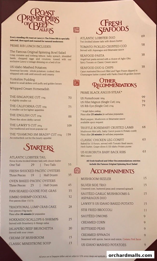 Menu page for Lawrys The Prime Rib Singapore