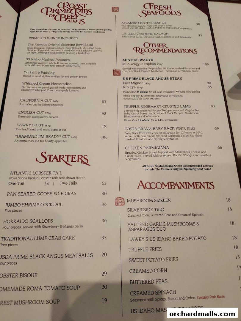 Menu page for Lawrys The Prime Rib Singapore