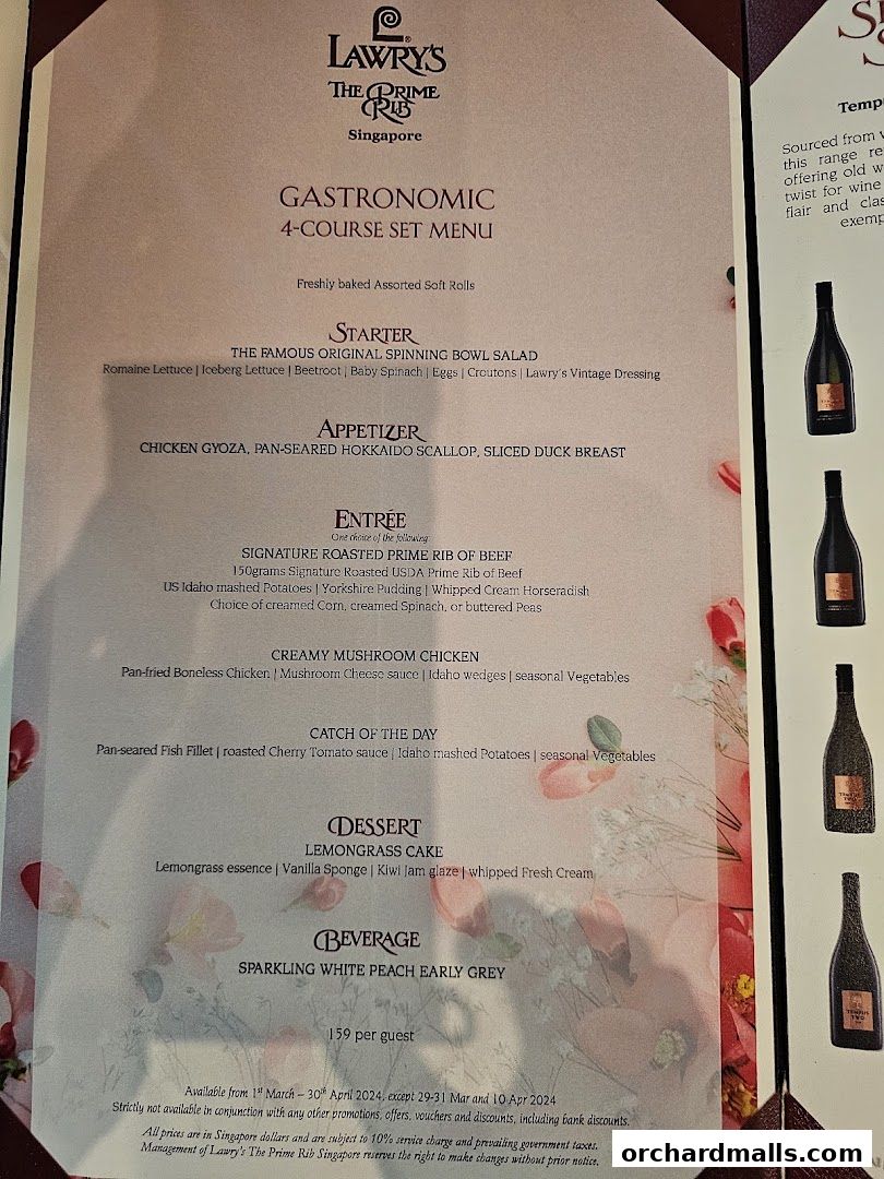 Menu page for Lawrys The Prime Rib Singapore