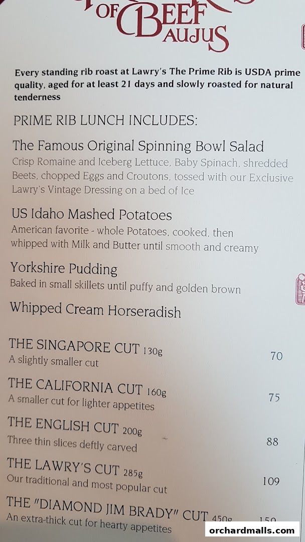 Menu page for Lawrys The Prime Rib Singapore
