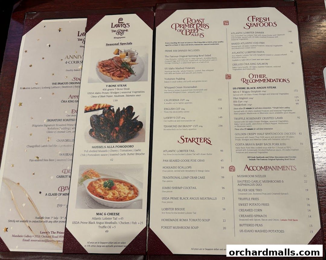 Menu page for Lawrys The Prime Rib Singapore