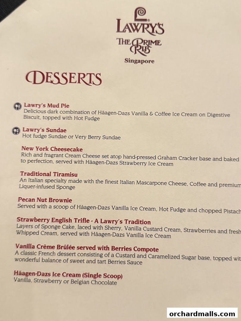 Menu page for Lawrys The Prime Rib Singapore